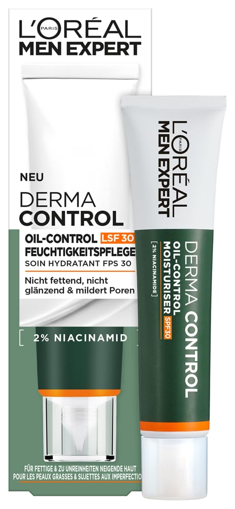 L'Oréal Men Expert Anti-Pickel Gesichtspflege mit LSF 30 für Männer, Creme für unreine & zu Akne neigende Haut, Gesichtscreme für Herren mit Sonnenschutz & 2% Niacinamide, Derma Control, 1 x 40 ml
