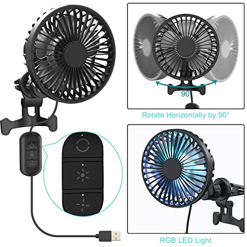 Amsdifio Car Fan, USB Fan for Car with Clip On, Oscillation Fan with Powerful 3 Speed, 360 Degree Rotatable, RGB Lighting, Auto Cooling Air Fan for Car, Truck, SUV, RV, Vehicles (5V, Black) 3 51QgkI3iAdL