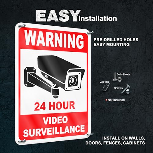 2 PC 24 Hour Video Surveillance Sign, Reflective 7x10 Aluminum Smile You\'re On Camera Signs Outdoor, Weatherproof Security Camera Warning Signs for Home & Business, UV Protected Rust-Free