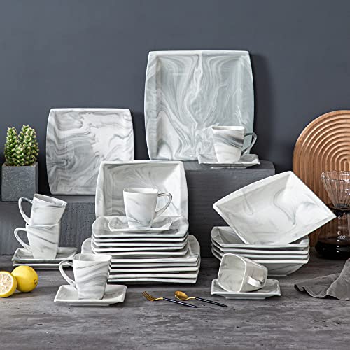 Malacasa Square Dinnerware Sets, 30 Piece Marble Grey Dish Set For 6, Porcelain Plates And Bowls Sets With Dishes Plates, Cups And Saucers, Plate Bowl Set Dinnerware Microwave Safe, Series Blance #TOP7