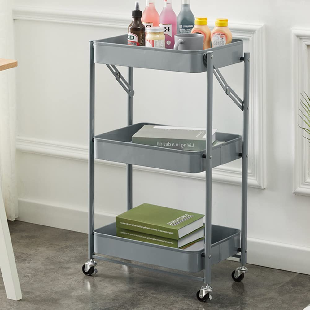 BAKAJI Carro de Cocina Plegable con 3 estantes, Cesta de 4 Ruedas giratorias a 360 Grados con Freno Integrado de Metal Trolley para Ahorrar Espacio de Servicio, Dimensiones 29 x 40 x 76 cm (Gris)