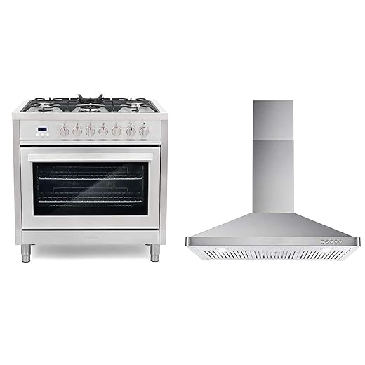 COSMO 36 in. Dual Fuel Range + Wall Mount Range Hood Bundle in Stainless Steel