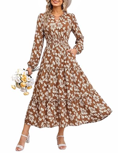 Image of GRACE KARIN Women's Floral Maxi Dress 2026 Fall Long Sleeve V Neck Empire Waist A Line Flowy Dress with Pocket