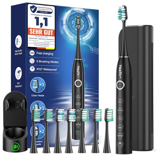 Elektrische Zahnbürste mit 8 Bürstenköpfen (3 Typen), Schallzahnbürste für Erwachsene, Electric Toothbrush mit Timer, 120 Tagen Akkulaufzeit, 5 Putzmodi, Reiseetui, Wandmontierte Ladestation