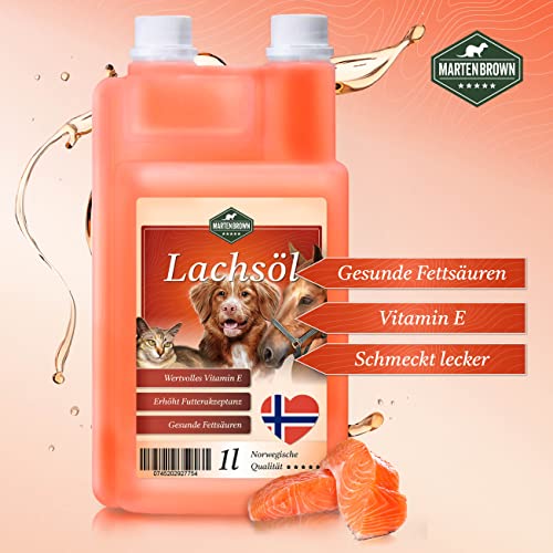 Martenbrown® 1 Liter Norwegisches Premium Lachsöl für Hunde, Pferde und Katzen | Fischöl aus der Flasche | für Trockenfutter, Dosenfutter oder als Barf-Öl