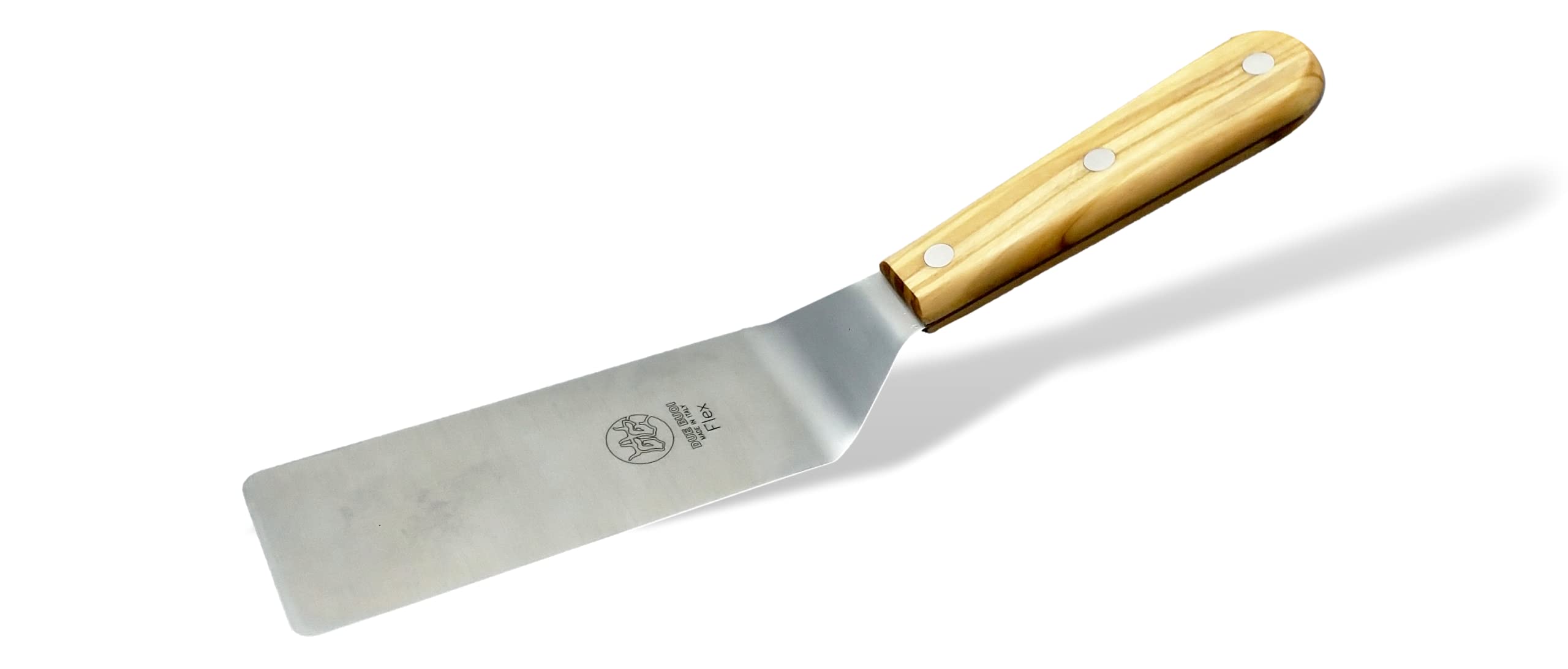 DUE BUOI Flexy - Espátula estrecha con mango de madera de olivo de 5 x 15 cm, acero inoxidable endurecido, calidad profesional, parrilla de cocina, parrilla, repostería, espiga completa, triple