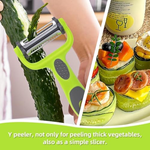 Image of Stainless Steel Vegetable Peeler & Julienne Slicer - 3 in 1 Multifunction Kitchen Peeler for Potato, Carrot & Fruits - Heavy Duty Sharp Blade Vegetable Cutter & Shredder Tool for Kitchen