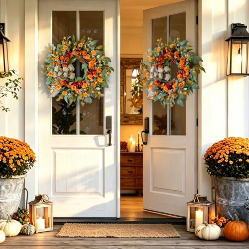 Image of 24 Inch Harvest Fall Wreaths for Front Door Outside with Bow & Red Berries | Artificial Autumn Leaf Wreaths with Lifelike Orange Camellia-Rustic Farmhouse Mantel Porch Decor for Thanksgiving Halloween