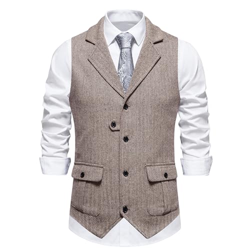 Gilet en tweed kaki XXL à chevrons pour homme avec col en V