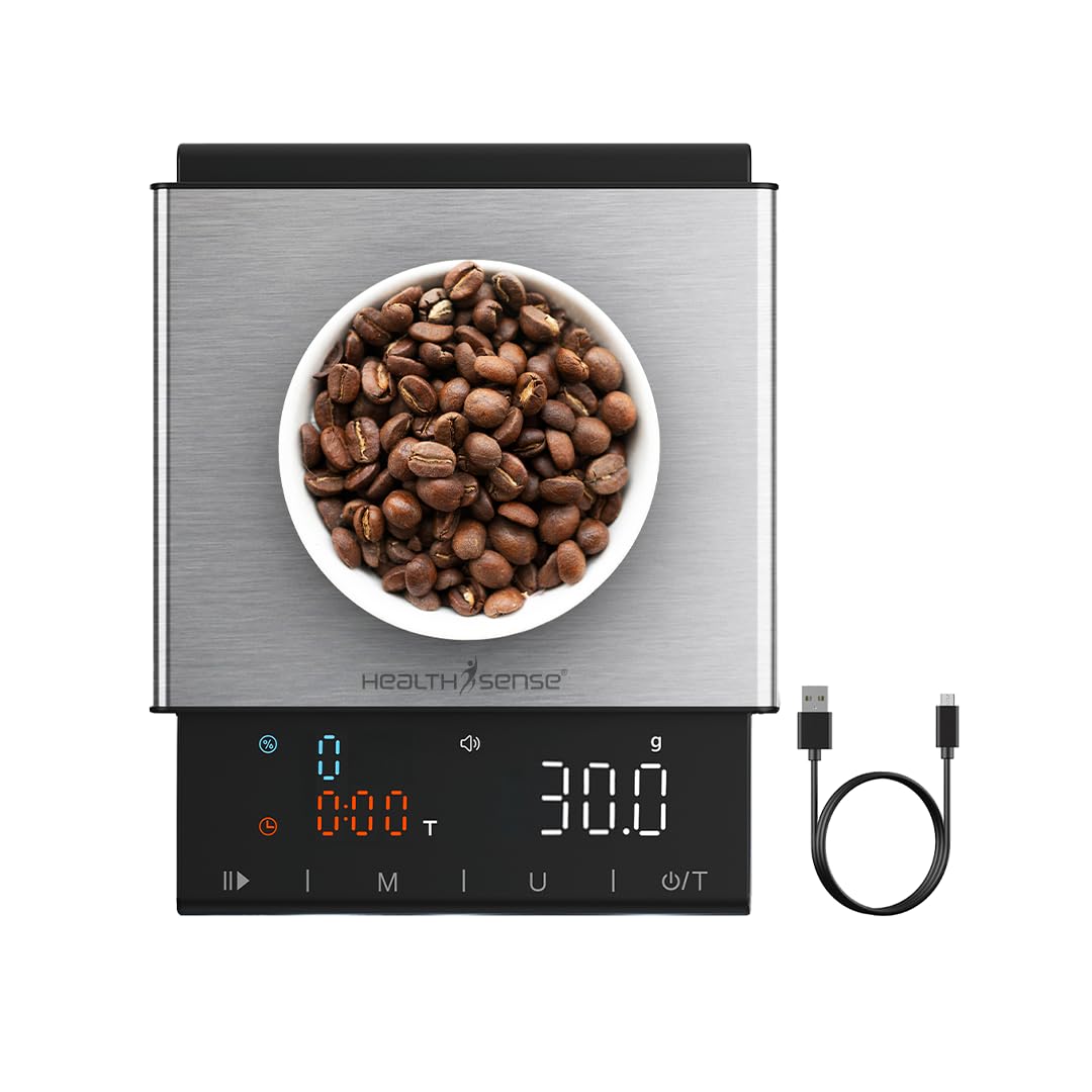 HealthSense Coffee Scale with Timer 0.1g Precision Digital Espresso & Pour Over Coffee Weight Scale | USB Rechargeable, Platform, Tare & Dual Timer, LED Touch Display | Baristas & Manual Brewing
