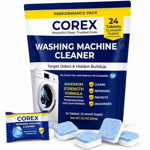 COREX Washing Machine Cleaner Tablets - 24 Pack Year Supply for HE Front Load & Top Load Washers - Removes Odor & Buildup