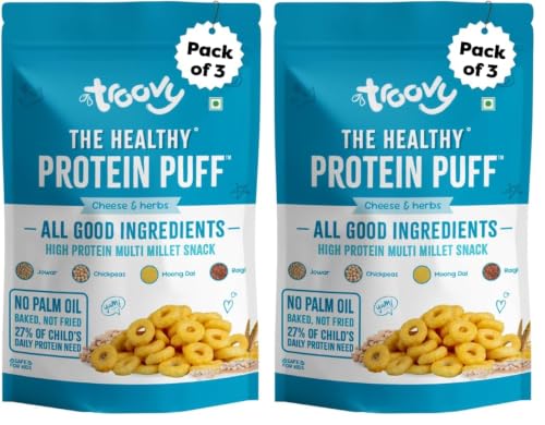 Image of Troovy Healthy High Protein Puffs | Cheese & Herbs Flavoured | No Palm Oil, Cholesterol or Trans Fats | Made with Multiple Millets, Grains and Dal (80g (Pack of 6))