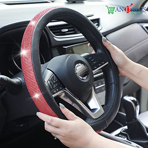 Andalus Diamond Microfiber Leather Car Steering Wheel Cover - Includes 2Pcs Bling Cup Holder Coasters Gift - Universal 15 Inch - Crystal Rhinestone - Bling Car Accessories (Black With Red Diamonds) #TOP1