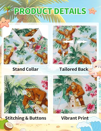 Image of Boys Hawaiian Shirt Kids Button Down Aloha Beach Hawaii Tops 5-14Y | Quick Dry, Breathable, Cooling & Lightweight, For Summer Vacation Holiday, Fourth of July, Youth, Teen, Shark, Dinosaur