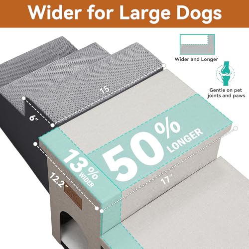 Image of Zerbuger Dog Stairs with Condo 18 inch H, 3-Step Wider Dog Steps for High Beds Couch, Folding Storage Pet Stairs Gift for Small /Medium /Large Old Dogs Cats, Ramp for Climbing Car Up to 200 lbs, Beige