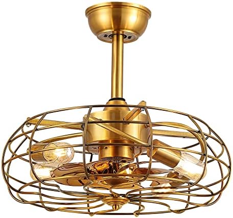 Asyko 20'' Caged Ceiling Fan with Lights Remote Control,Enclosed Bladeless Ceiling Fan Indoor, Small Rustic Ceiling Lighting Fixture for Bedroom, Dining Room,Kichen,Farmhouse, Include Bulbs -Golden…