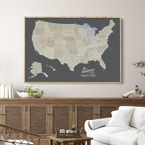 Image of United States Travel Map with Pins - Earth Tone USA Pinnable Map to Track Travels - Oversized Canvas Wall Art Gift for Travelers - Natural Float Frame - 34 inch x 51 inch