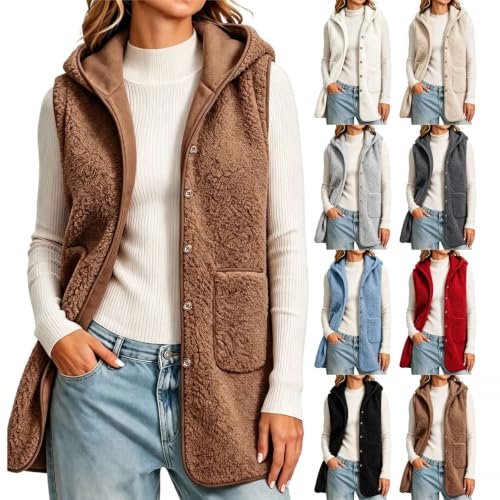 Long Fleece Vest Women Sherpa Hooded Sleeveless Jacket Teddy Coat Coffee - image 1