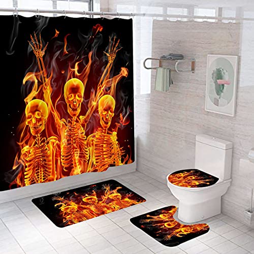 TOENIO 4-teiliges Halloween-Duschvorhang-Set mit 12 Haken, Wasserdichter Badewannenvorhang mit U-Teppich, Toilettendeckelbezug, Badematte, 70 x 70 Zoll Horror Badezimmer Vorhänge Dekoration,E