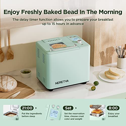 Neretva Bread Maker Machine, 20-In-1 2Lb Automatic Breadmaker With Gluten Free Pizza Sourdough Setting, Digital, Programmable, 1 Hour Keep Warm, 2 Loaf Sizes, 3 Crust Colors - Receipe Booked Included #TOP3