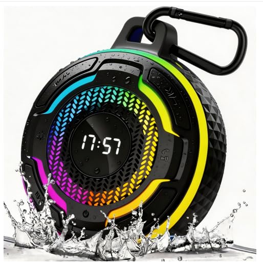Kinglucky Shower Speaker Bluetooth Waterproof IPX7, Portable Magnetic Speaker with 360° Surround Sound 10W, Bluetooth 5.3, Mic &amp; LED Light, Hook &amp; Lanyard, 12H Playtime for Bathroom, Outdoor, Beach