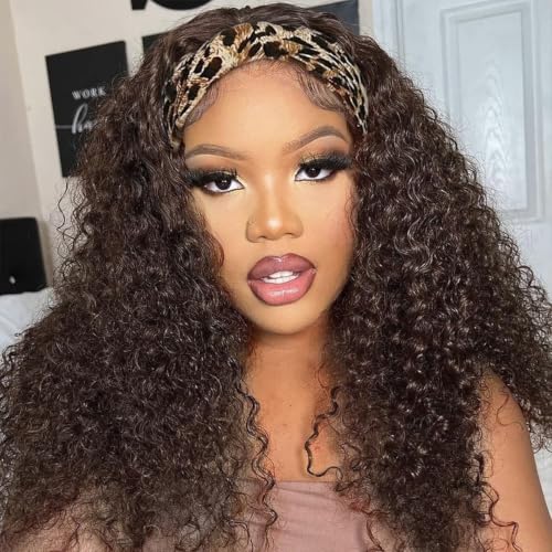 Image of Chocolate Brown Headband Wig Human Hair Deep Wave 22 Inch Machine Made None Lace Front Wig Deep Curly Wave Headband Half Wigs #4 Colored Brazilian Wear and Go Virgin Hair Wigs for Black Women