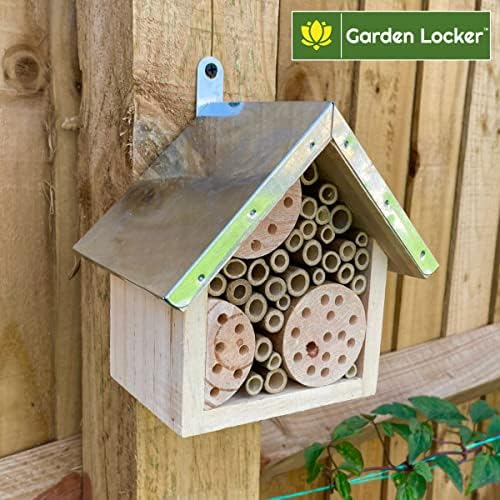 Wild Bee House Insect Home Bug Hotel with Metal Roof Small Bug House with Cleaning Brush - Attracts Bees, Butterflies & many other Bugs & Insects (Bug House)