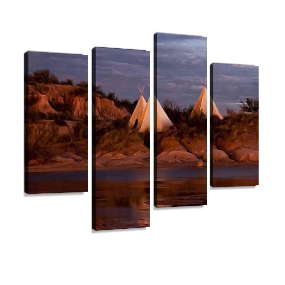 Night Photo of Native American Teepees Canvas Print Artwork Wall Art Pictures Framed Digital Print Abstract Painting Room Home Office Decor Ready to Hang 4 Panel