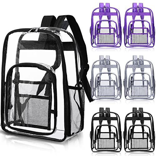 Mixweer 6 Stück transparente Rucksäcke, strapazierfähig, transparent, 42,9 cm, Schultasche mit Riemen, Vordertasche für Jungen und Mädchen, Schulstadion, Schwarz, Grau, Lila, Schwarz, Violett und Grau Cover