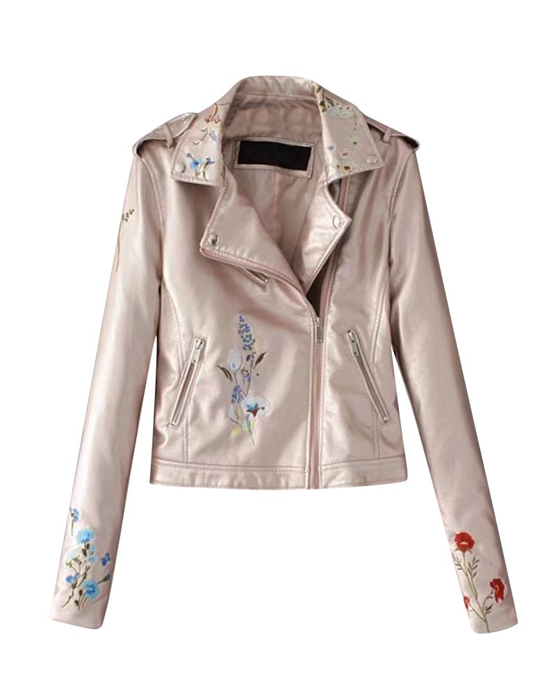Femme Retro PU Cuir Veste avec Broderie Biker Moto Zipper Faux Cuir Manteau Blouson