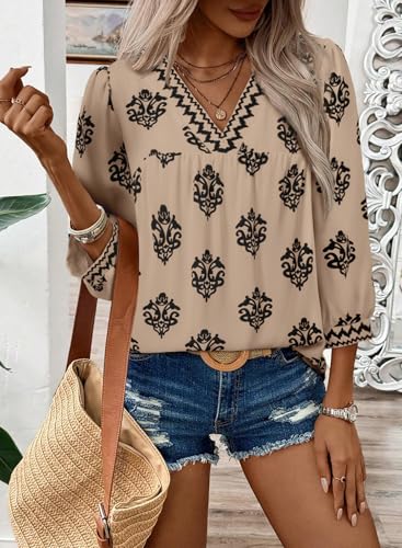 SHEWIN Women's Casual V Neck Floral Print Chiffon Blouses 3/4 Sleeve Boho Summer Tops Shirts3