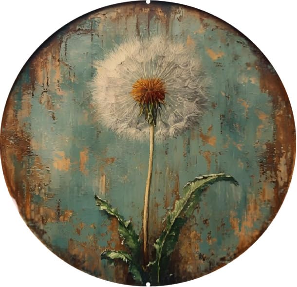 Retro Round Dandelion Tin Sign, 20x20cm Circular Metal Wall Art Plaque, Vintage Decorative Iron Poster for Home Kitchen Bar Cafe Pub Club, Rustic Wall Decor (Dandelion)