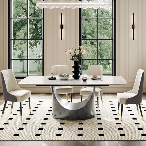 POVISON 94" Hobart Modern Dining Table for 8-10, Matte White Rectangle Dining Table, Sintered Stone Dining Tabletop with U-Shape Carbon Steel Pedestal (Table Only) - Image 4