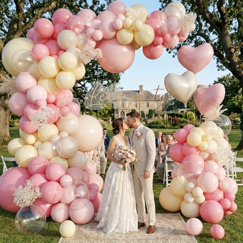Image of Pink and Yellow Balloon Arch Kit,150Pcs Pastel Pink Light Pink Yellow Sand White Balloons for Baby Shower Bridal Shower Wedding Bee Bear Themed Birthday Party Decorations