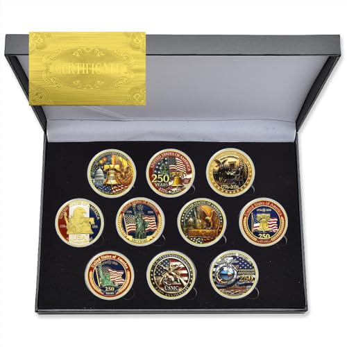 1776-2026 USA 250th Anniversary Commemorative Coin Set Liberty Bell Statue of Liberty Marines Independence Souvenir Gift (10PC-Box)