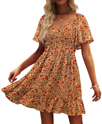 Image of UEAL Womens Cute Floral Smocked V Neck Flutter Sleeve Sundress with Pockets Casual Spring Summer Dresses for Women 2026