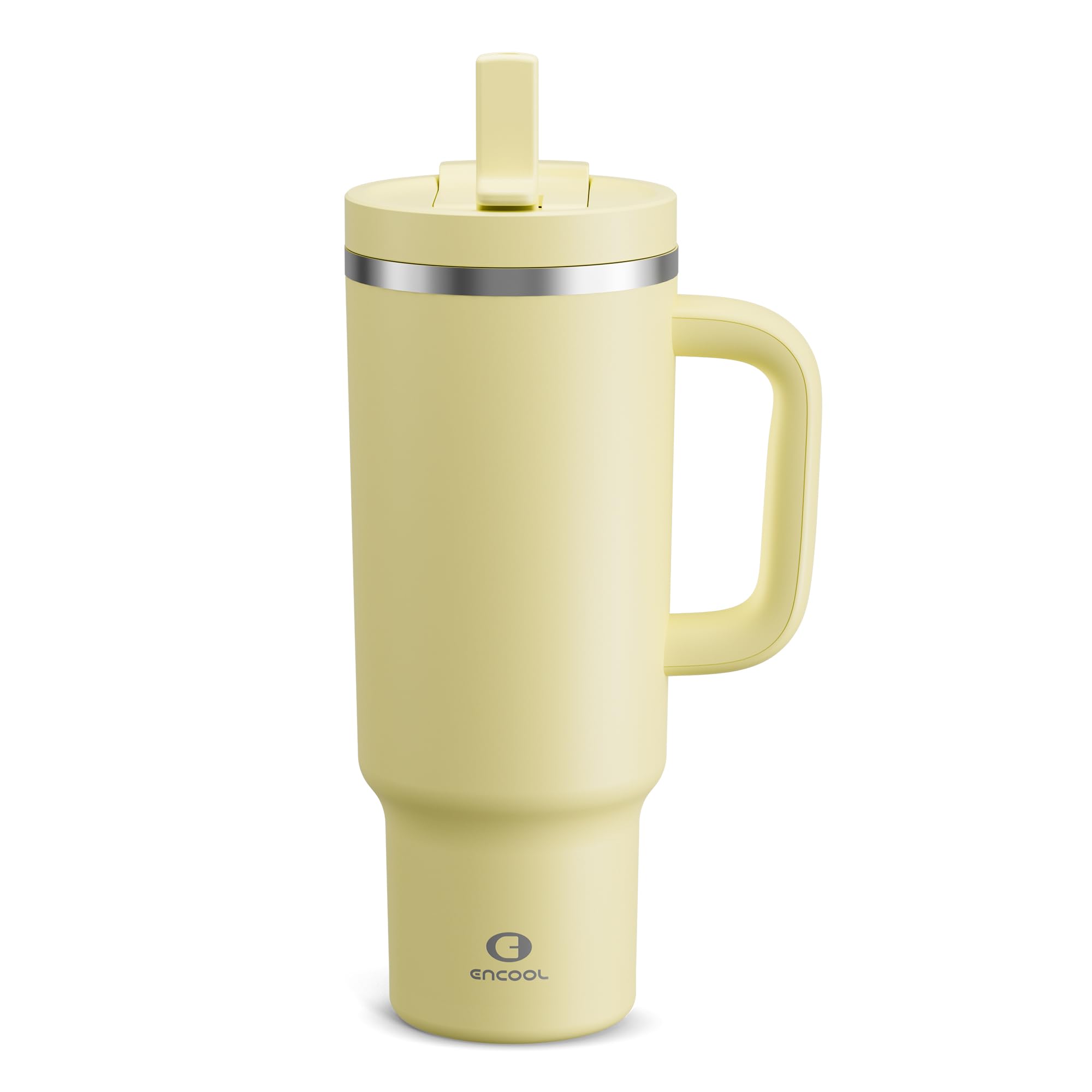 ENCOOL 40 oz Tumbler with Handle and Straw: Stainless Steel Insulated Tumbler Keeps Cold for 24 Hours, Leakproof Travel Cup Fits in Cup Holder and BPA-Free,Light Vanilla