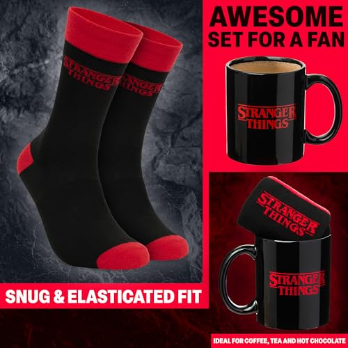Image of Get Trend Stranger Things 11oz Mug and Socks Set, Crew Socks with Ceramic Coffee Mug Microwave Safe, Novelty Gifts for Men, Women, Teens (Red /Black Stranger Things)