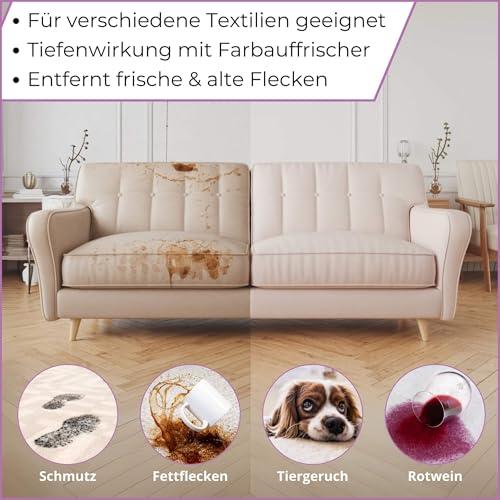 PureCLN Polsterreiniger Spray mit Farbauffrischer, 500ml – Couch-Reiniger gegen hartnäckige Flecken und schlechte Gerüche – Sofa-Reiniger faserschonend für Autositze, Teppiche & Polster