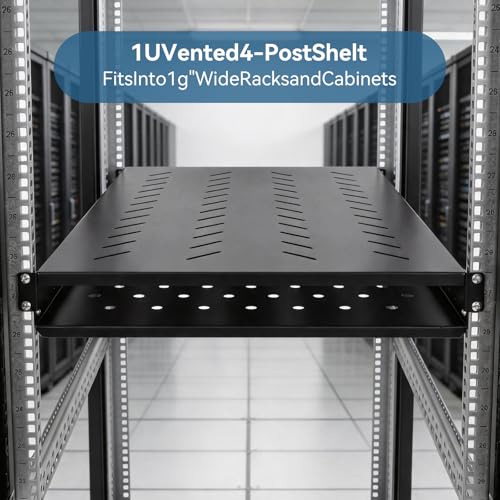 Image of Adjustable 1U Server Rack Shelf 28-34.4 Inch Depth, Vented Design for 4 Post Computer Racks and Cabinets, 80kg Heavy Duty Load Capacity