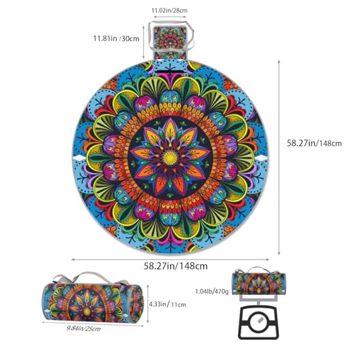 Shimoshe Indian Tribe Mandala Picnic Outdoor Blanket Foldable Waterproof Sandproof Beach Blanket Portable Water-Resistant Round Picnic Mat for Travel Camping Park Lawn