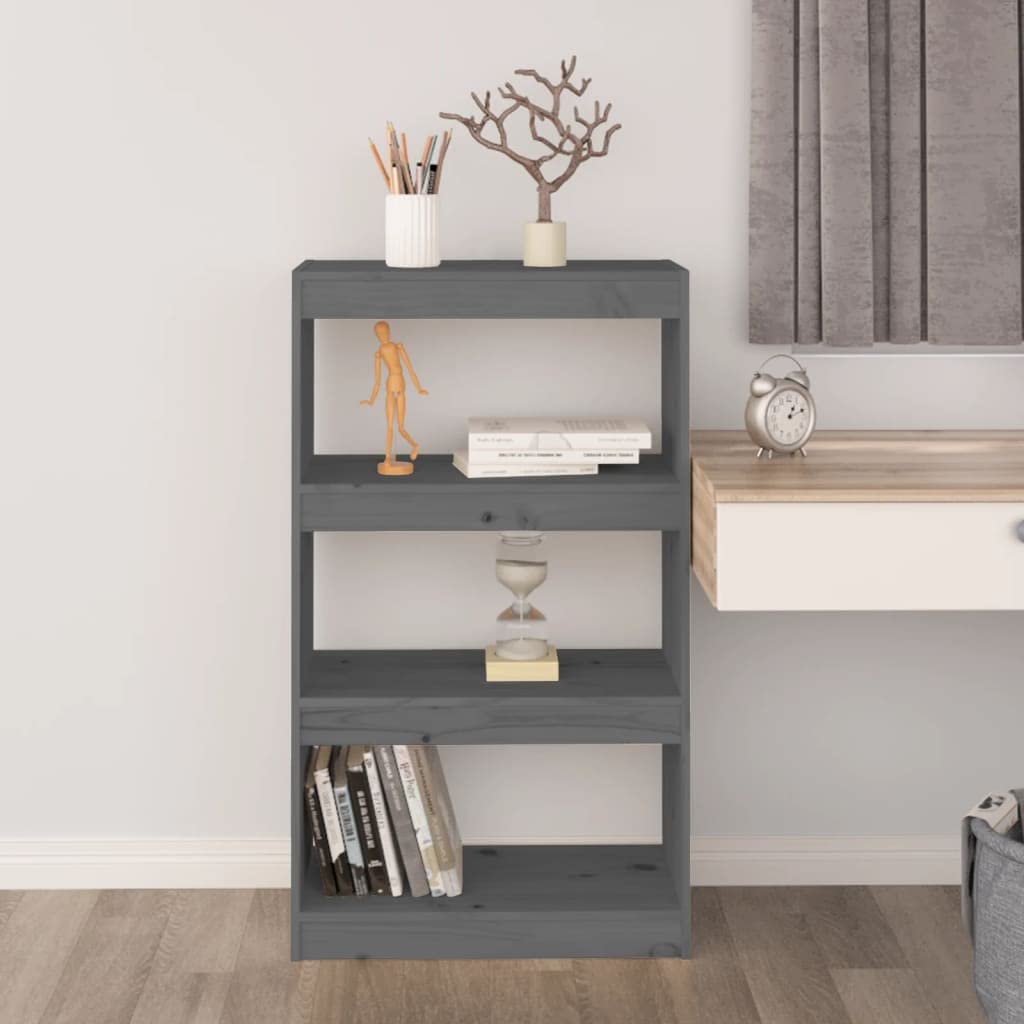 Bücherregal aus massivem Kiefernholz, Grau, 60x30x103,5 cm, 3 geräumige Fächer für Bücher und Dekoration, auch als Raumteiler nutzbar, pflegeleicht mit feuchtem Tuch