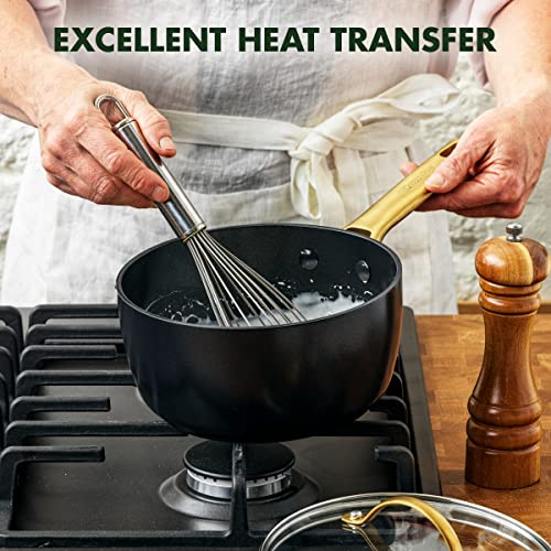 Greenpan Reserve Hard Anodized Healthy Ceramic Nonstick, 1.5Qt And 3Qt Saucepan Pot Set With Lids, Gold Handle, Pfas-Free, Dishwasher Safe, Oven Safe, Black #TOP5