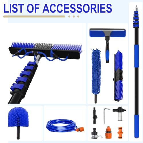 Image of 26FT Reach Solar Panel Cleaning Brush Kit with 5-20FT Telescoping Pole, 33FT Hose, 20 inch Water Fed Brush, Soap Dispenser, Cobweb Duster, Squeegee & High Ceiling Duster for Roof, RV, Gutter, Boat, Deck