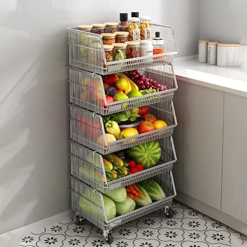 Metal Wire Fruit Vegetable Basket for Kitchen, Standing Rolling Snack Storage Organizer on Wheels, Heavy Duty Chips Candy Display Cart Stackable
