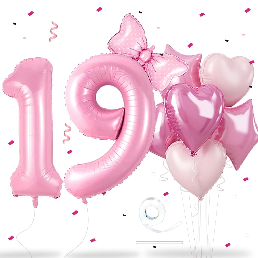 Wuhetyo Pink Number 19 Balloon Set Large Foil Number Balloon 40 Inch with Bow & Heart Balloons Big Mylar Pink Balloons for 19st Boys Girls Birthday