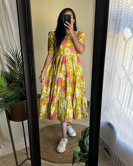 Image of Women's Floral Printed Tiered Midi Dress, Puff Sleeves, Square Neck, Button-Front