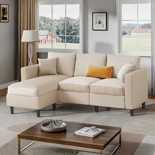 Image of Shintenchi L Shaped Sectional Sofa Couch,Convertible Modular Sofas with Movable Ottoman,3-Seat Upholstered Corduroy Couch,Small Couches for Living Room,Apartment,Office(Beige)