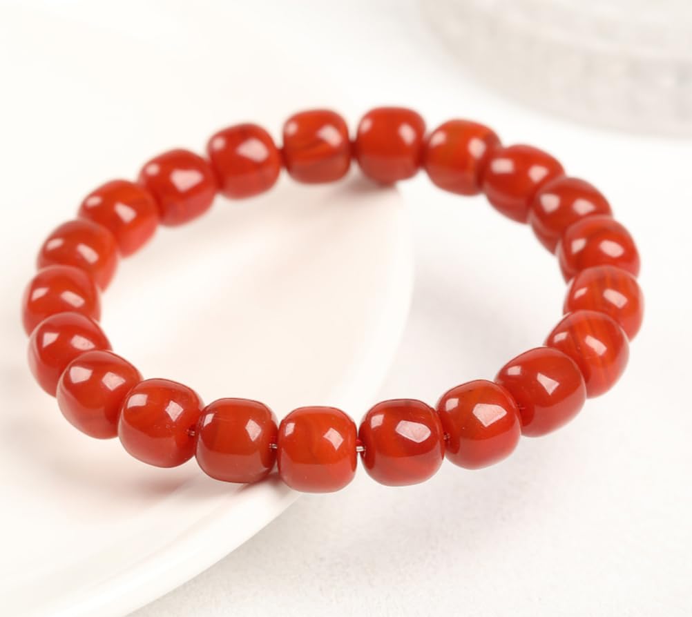 Bracciale Elasticizzato LaoXingZhu in Agata Nanhong - Perline di Agata Rossa Cachi 8x9 mm (Circa 21 Perline) - Bracciale Rigido Cinese in Agata Rossa Fatto a Mano
