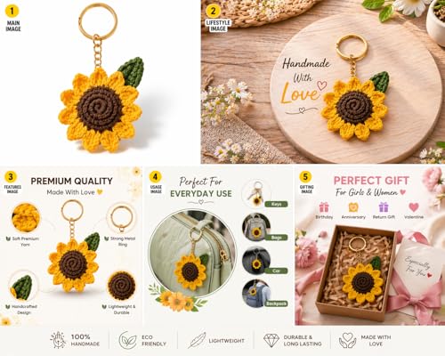Image of Handmade Crochet Sunflower Keychain for Women & Girls | Cute Aesthetic Flower Keyring | Soft Yarn Handcrafted Bag Charm | Gift for Birthday, Return Gift, Car Key Holder, Purse Accessory (Yellow)